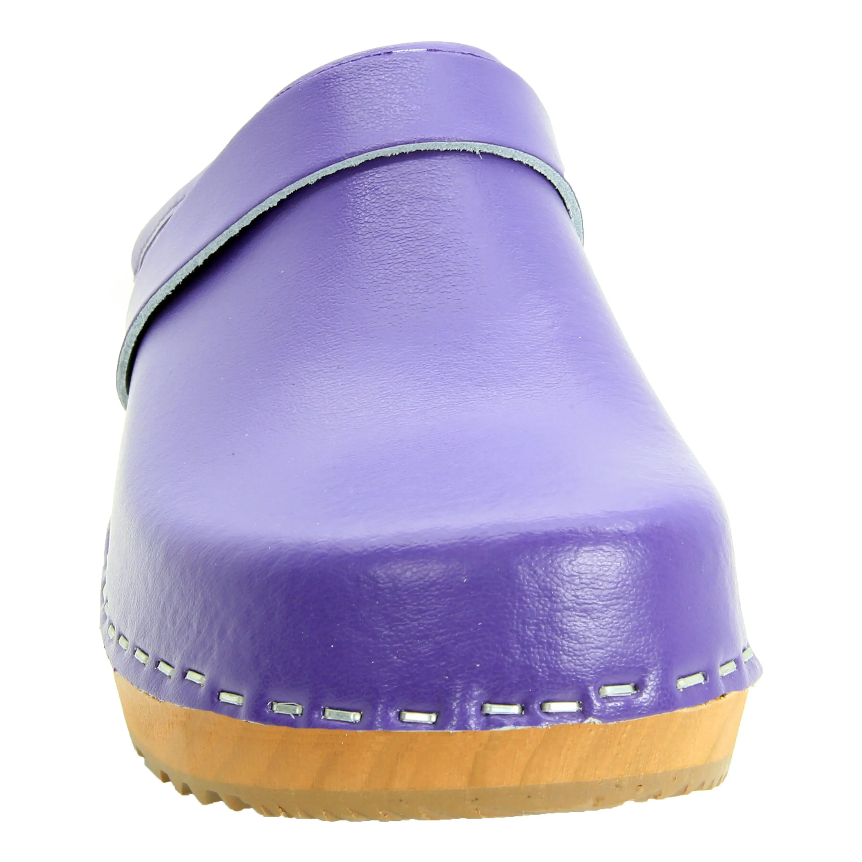 BJORK Maja Wood Open Back Leather Clogs in Purple