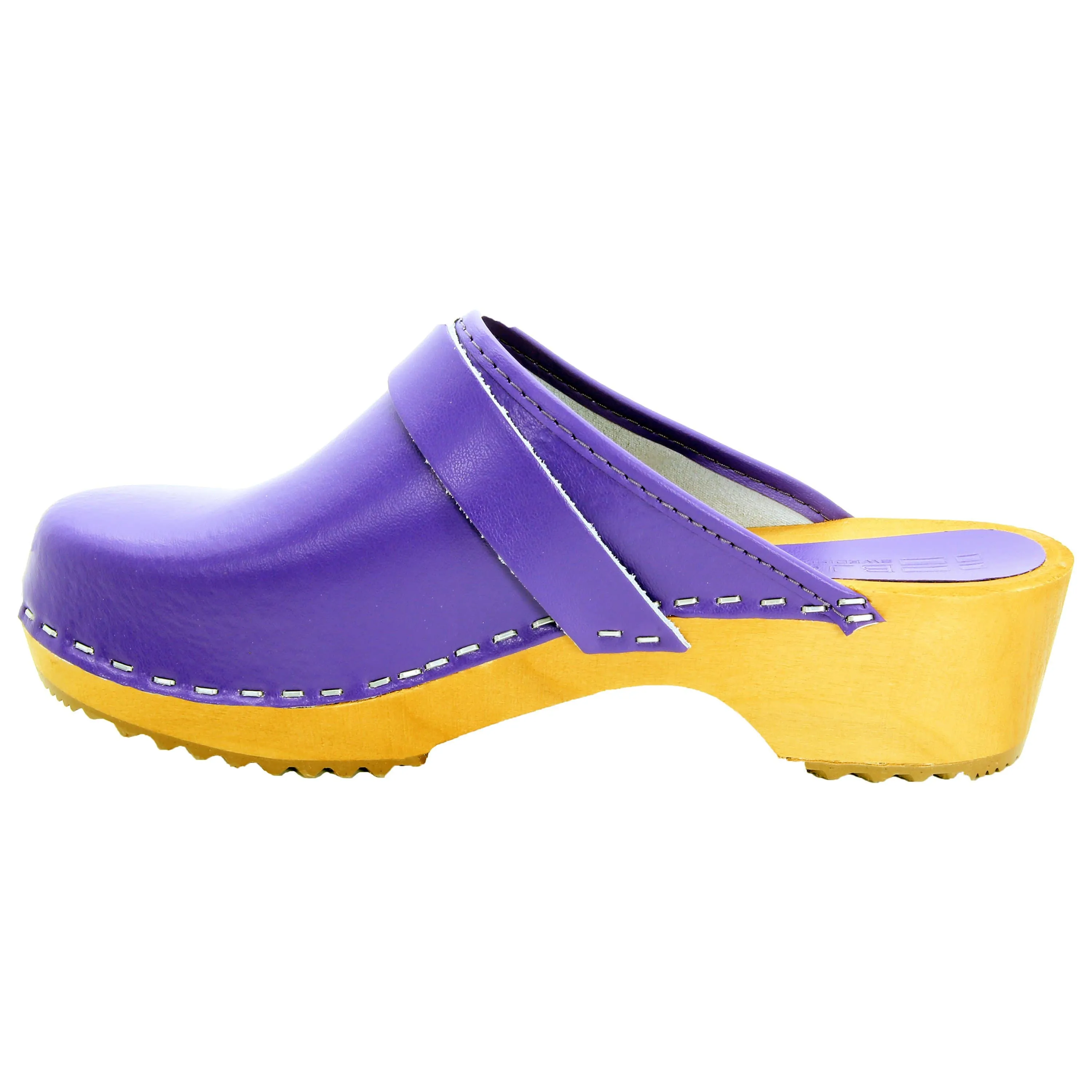 BJORK Maja Wood Open Back Leather Clogs in Purple