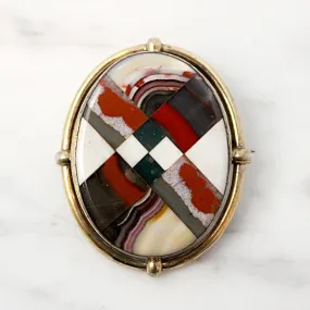 Colorful Inlay in Gold Scottish Pebble Brooch