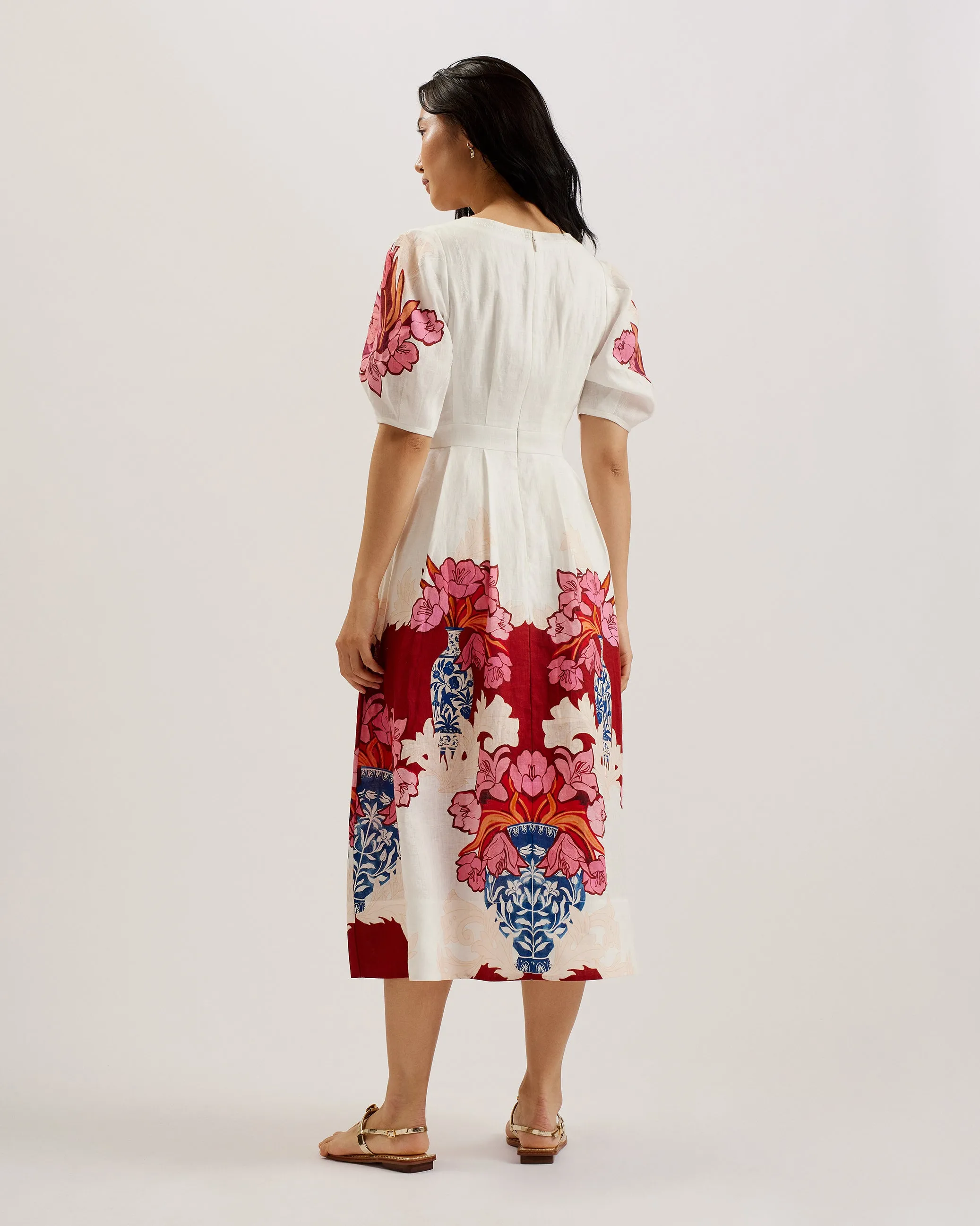 Happa Linen Printed Puff Sleeve Midi Dress Ivory