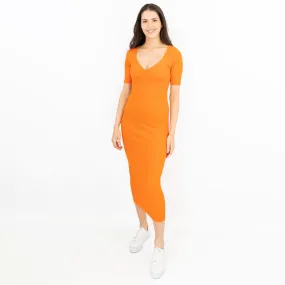 Karen Millen Orange Ribbed Short Sleeve V-Neck Stretchy Bodycon Midi Dresses