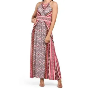 London Times Women's Zig Zag Medallion Printed Keyhole Halter Morris Maxi Dress