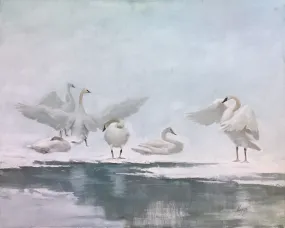 "Swan Lake" by Hagop Keledjian - Contemporary Painting of Swan Birds Winter Scene